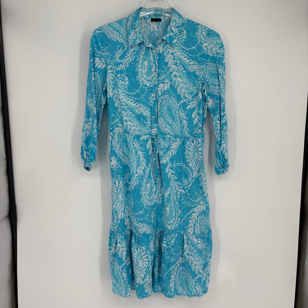 Talbots Blue Paisley Print Tiered Button Front Shirt Dress 10 Linen Cotton Blend
